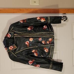 INC International Concepts Black Leather Jacket with Red Floral Design